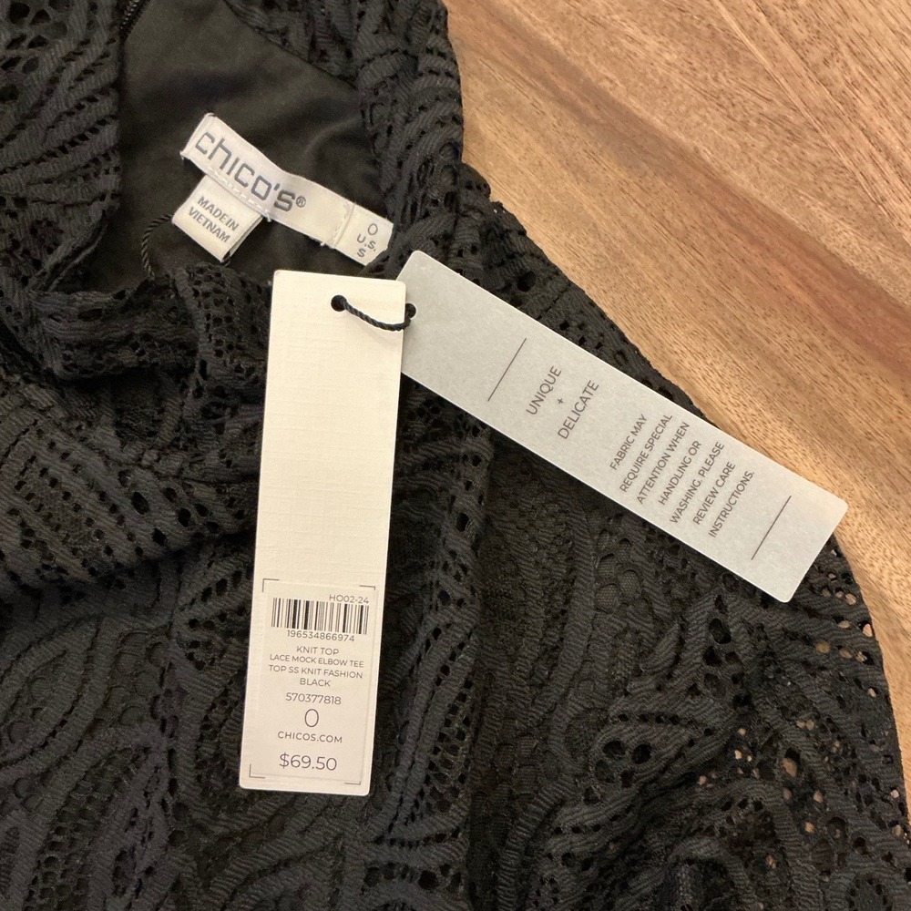 Chicos Black Lace‎ Mock Neck Elbow Sleeve Top Paisley Lined 570377818 NEW - Picture 4 of 10